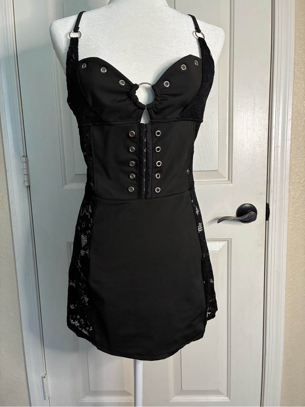 Fashion Nova Black Lace-Panel Eyelet Bodycon Mini Dress